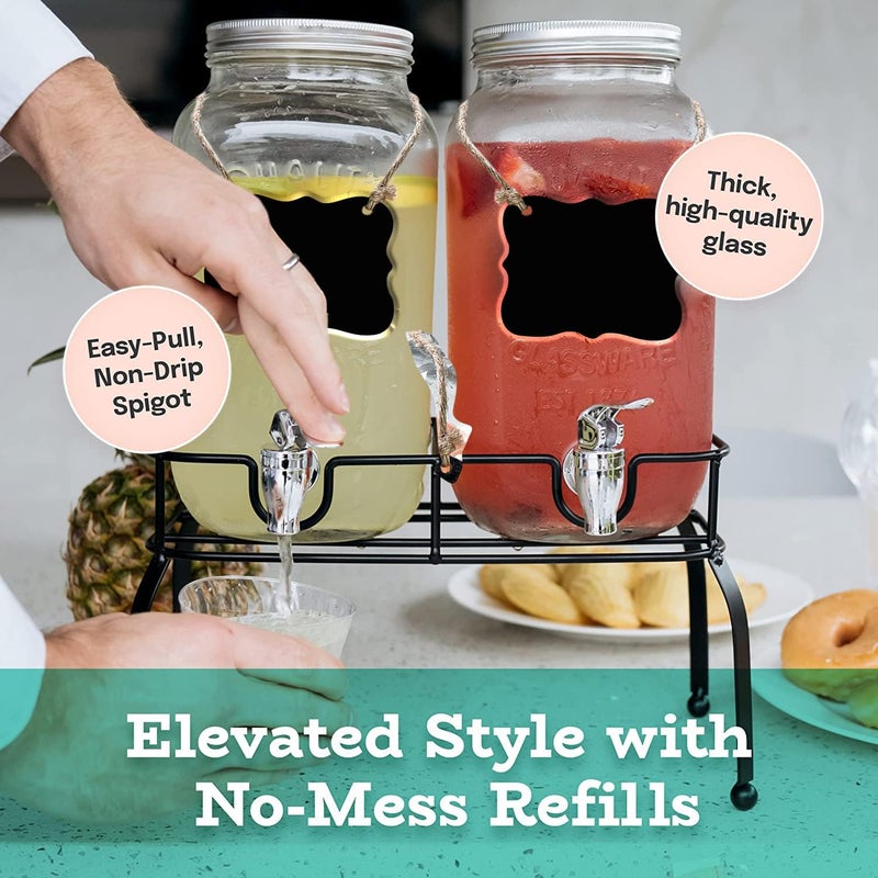 Estilo موزع مشروبات زجاجي للحفلات - مجموعة من 2-1 جالون موزع مشروبات هالوين مع حامل، موزع مياه زجاجي لسطح الطاولة لحفلات الزفاف، جرة شاي الشمس، موزع ليمونادة ومنظف غسيل - Image 3