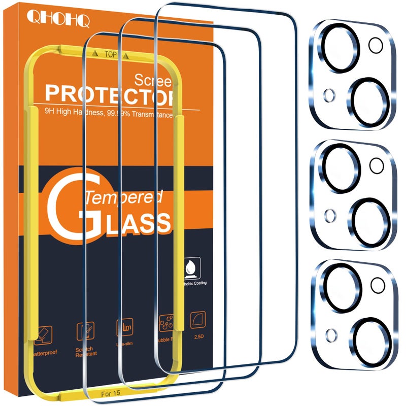 QHOHQ 3 Pack Screen Protector for iPhone 15 [6.1 Inch] with 3 Pack Camera Lens Protector, Tempered Glass Film, HD Clear, 9H Hardness, No Bubbles, Case Friendly - Image 1