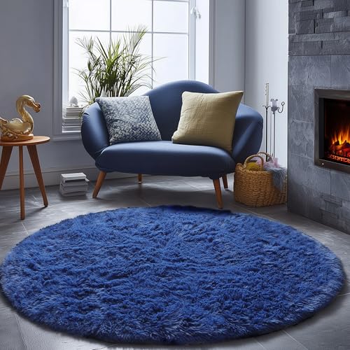 ONASAR Navy Blue Round Area Rugs 5ft, Soft Bedroom Circle Rug Floor Mat for Kids Girls Boys Teen Room, Fluffy Plush Shaggy Carpet for Baby Nursery Living Room Playroom Dorm Home Decor - Image 1