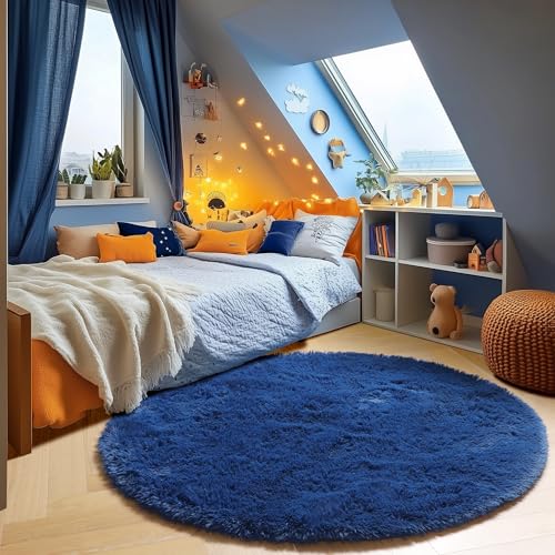 ONASAR Navy Blue Round Area Rugs 5ft, Soft Bedroom Circle Rug Floor Mat for Kids Girls Boys Teen Room, Fluffy Plush Shaggy Carpet for Baby Nursery Living Room Playroom Dorm Home Decor - Image 3