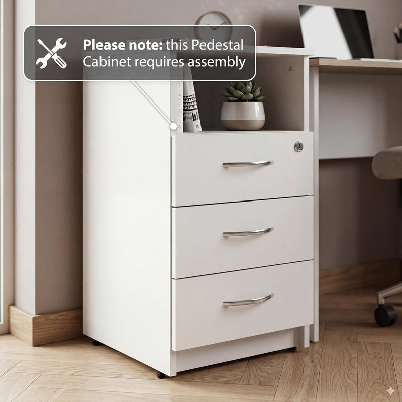 Sky Land Skyland White 3-Drawer Pedestal Cabinet with Lockable Top Drawer and Adjustable Feet, Under Desk Office Storage Unit, 407×450×760mm, European Quality - Image 3