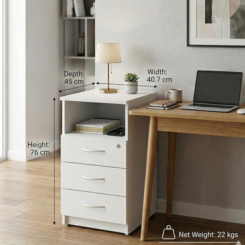 Sky Land Skyland White 3-Drawer Pedestal Cabinet with Lockable Top Drawer and Adjustable Feet, Under Desk Office Storage Unit, 407×450×760mm, European Quality - Image 5