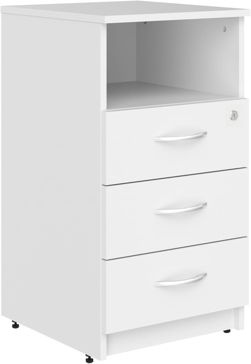 Sky Land Skyland White 3-Drawer Pedestal Cabinet with Lockable Top Drawer and Adjustable Feet, Under Desk Office Storage Unit, 407×450×760mm, European Quality - Image 1