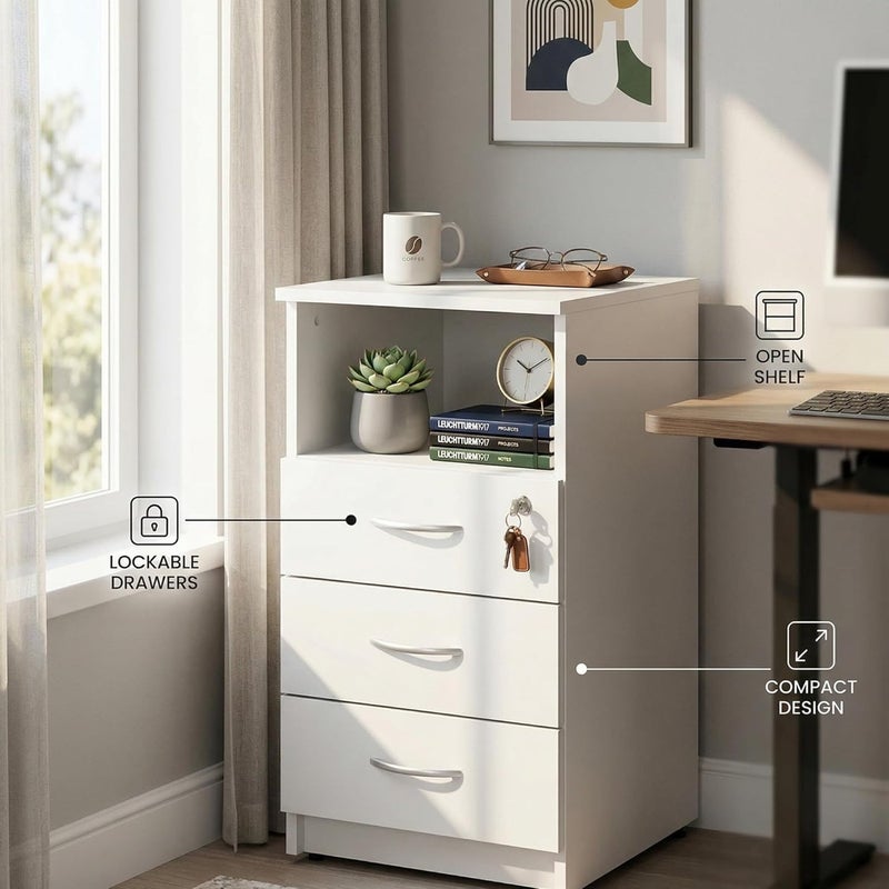 Sky Land Skyland White 3-Drawer Pedestal Cabinet with Lockable Top Drawer and Adjustable Feet, Under Desk Office Storage Unit, 407×450×760mm, European Quality - Image 4