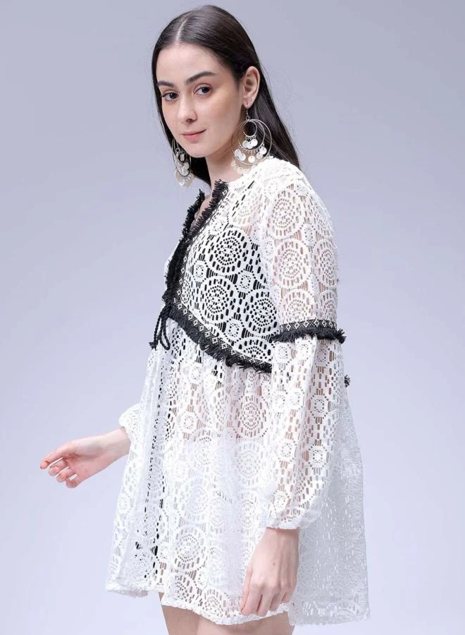 Freehand  Women Relaxed Fit Geometric Printed V-Neck Long Sleeve Tiered Dress for Women | Best Price UAE