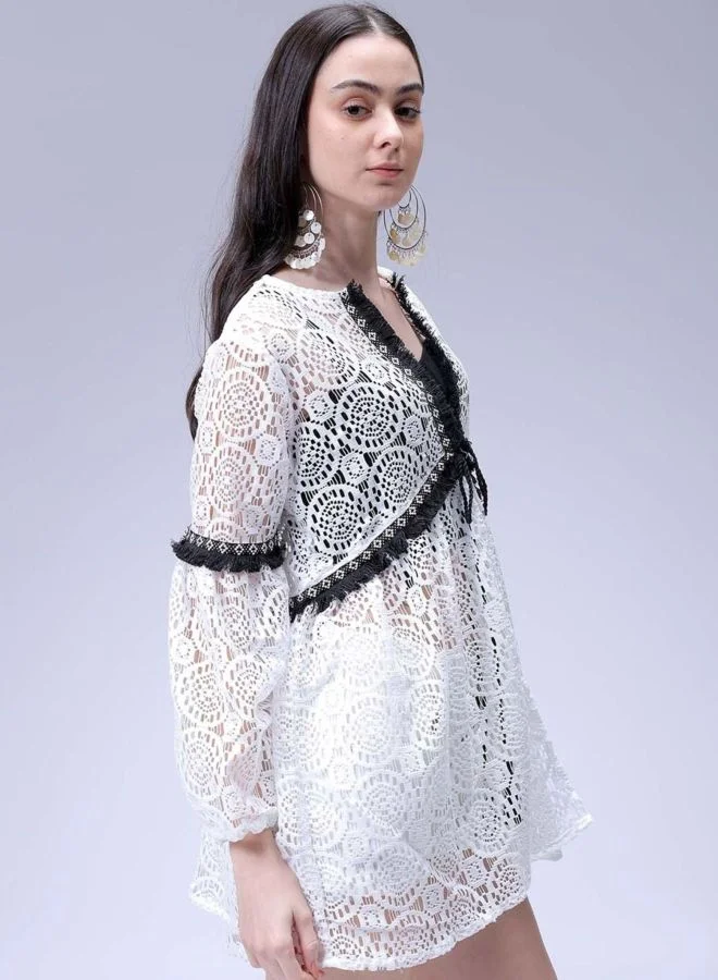 Freehand  Women Relaxed Fit Geometric Printed V-Neck Long Sleeve Tiered Dress for Women | Best Price UAE