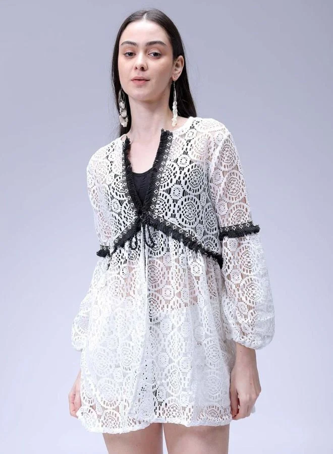 Women Relaxed Fit Geometric Printed V-Neck Long Sleeve Tiered Dress