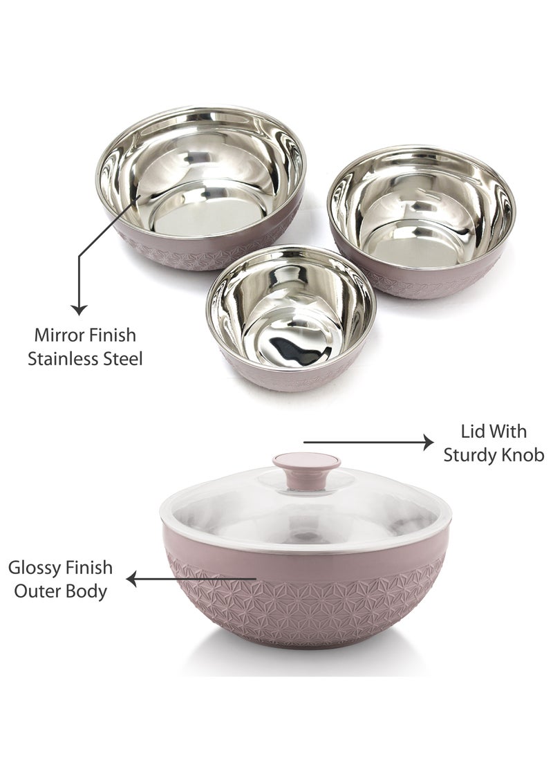 AXIS Adore 3pc Mixing Bowl Set Insulated Stainless Steel Inner Durable Plastic Outer with Lid & Knob 600ML,1200ML,1800ML - Beige  - Image 2