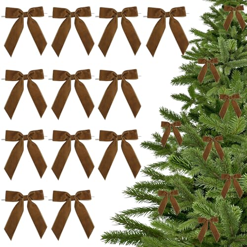 LiBongTa 35 Brown Ribbon Pretied Bows Christmas Premade Bows Velvet Ribbon Bows with Twist Ties for Wreaths Christmas Tree Treat Bags Gift Wrapping Party Favor Crafts12 Counts - Image 2