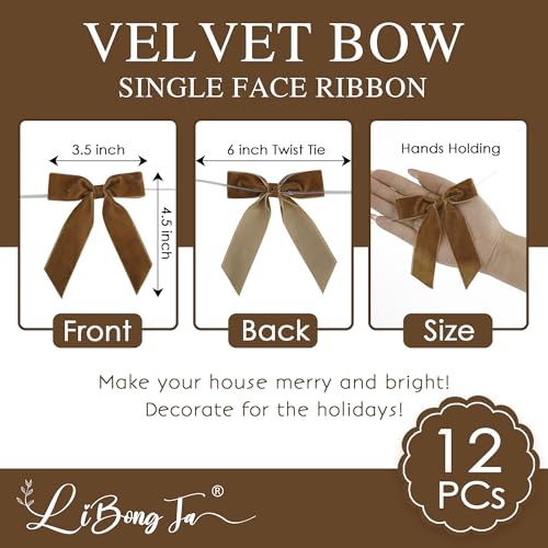 LiBongTa 35 Brown Ribbon Pretied Bows Christmas Premade Bows Velvet Ribbon Bows with Twist Ties for Wreaths Christmas Tree Treat Bags Gift Wrapping Party Favor Crafts12 Counts - Image 5
