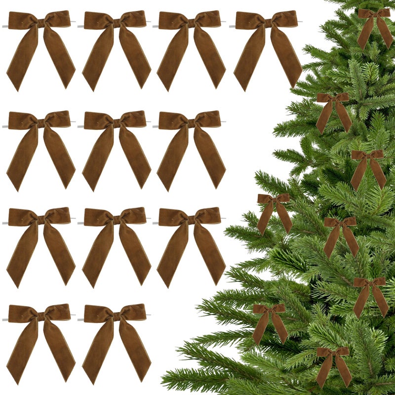 LiBongTa 35 Brown Ribbon Pretied Bows Christmas Premade Bows Velvet Ribbon Bows with Twist Ties for Wreaths Christmas Tree Treat Bags Gift Wrapping Party Favor Crafts12 Counts - Image 3