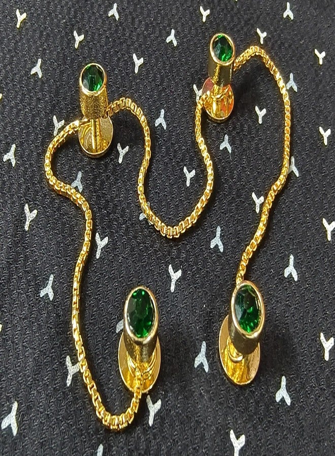 Maskey Brass Body Gold Plated Rhodium Polished Luxury Designer Emerald Green Diamond Galaxy Gemstone Kurta Buttons for Men and Women - Image 3