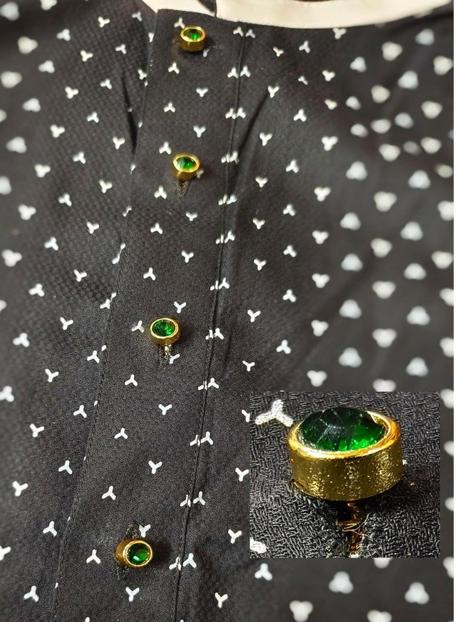 Maskey Brass Body Gold Plated Rhodium Polished Luxury Designer Emerald Green Diamond Galaxy Gemstone Kurta Buttons for Men and Women - Image 4