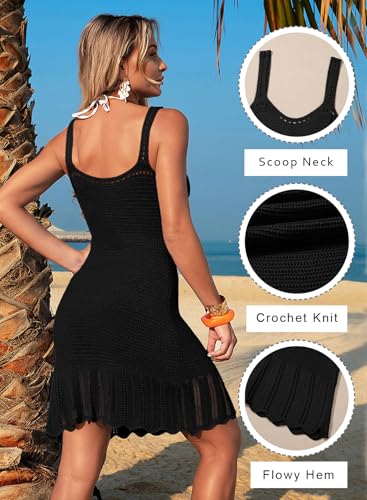 Dokotoo Cover Ups for Swimwear Women 2026 Spaghetti Straps Swim Cover Up for Women Flowy Hem Crochet Knit Hollow Out Beach Dresses Black Large - Image 2