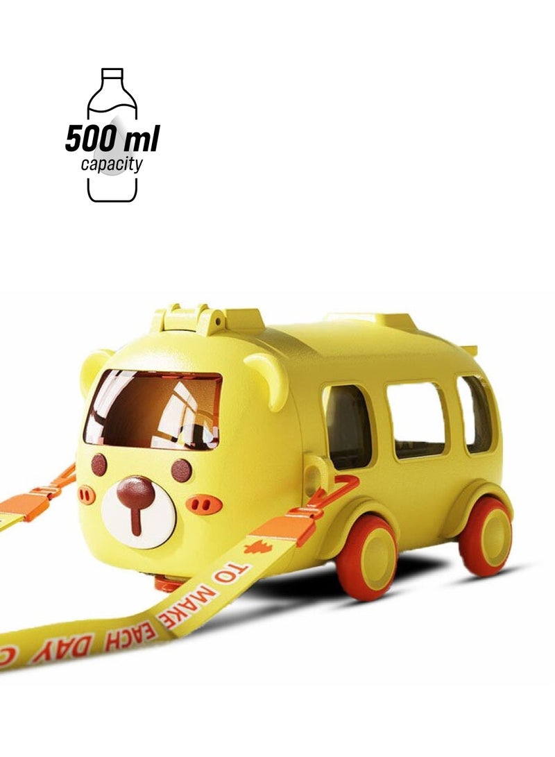 Twisoo Twisoo Bus Design Kids Water Bottle with Straw and Stickers, Portable Plastic Drinking Bottle for Girls, School & Camping, with Shoulder Strap ( Yellow ) - Image 1