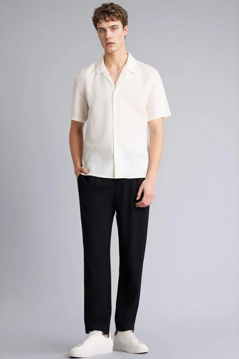 ديفاكتو Polo Collar Linen Blend Short Sleeve Shirt