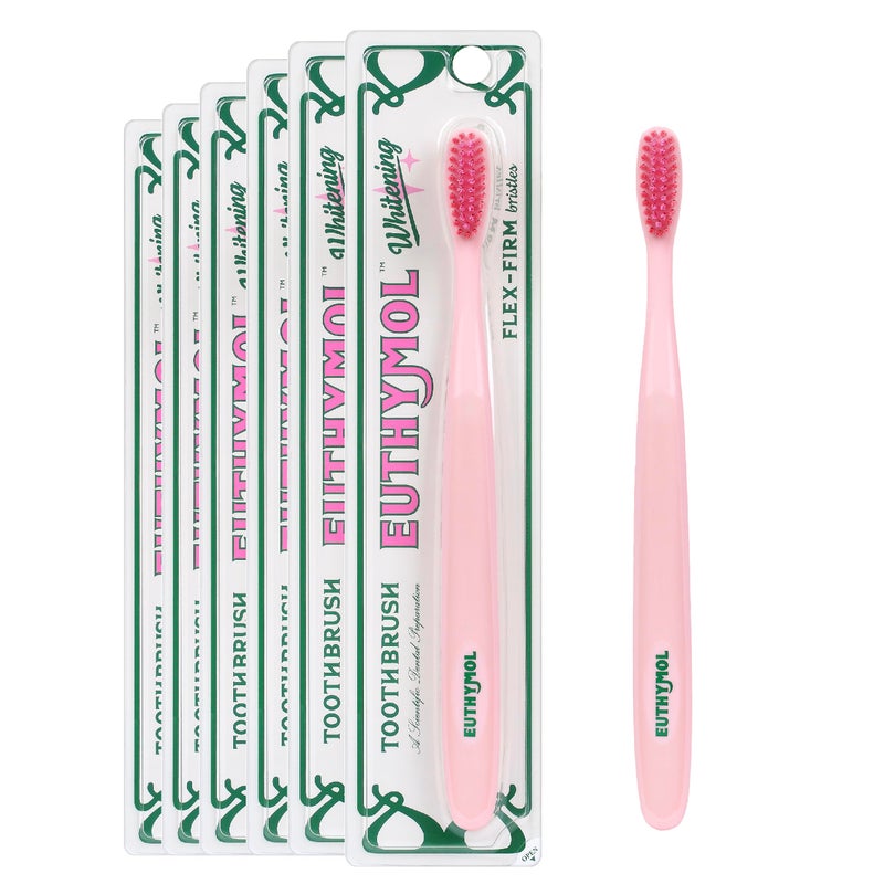 Euthymol فرشاة أسنان يوتيمول لتبييض الأسنان باللون الوردي 6 قطع شعيرات ناعمة مزدوجة التوتر إزالة متقدمة للبلاك وتقليل البقع