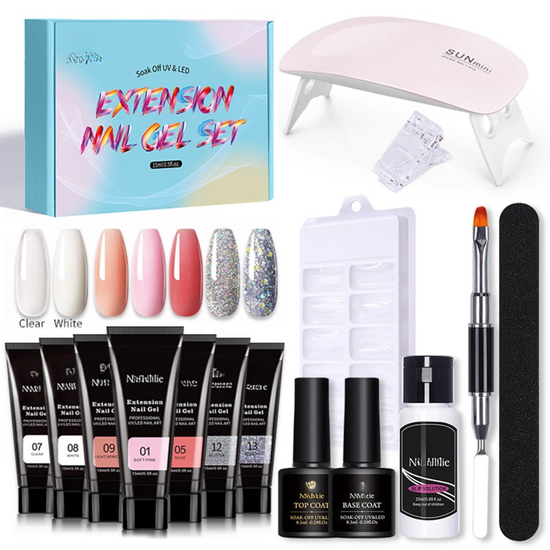 Nail Extension Gel Set Nail Strengthen Gel UV/LED Nail Lamp Nail Dryer Base Coat Top Coat with Nail Brush Nail File Nail Clip Manicure Tools - Image 1