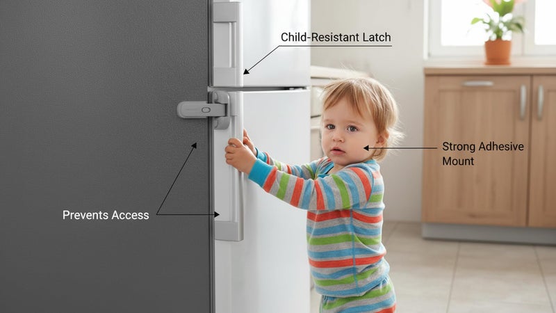 BASEEFY Child Safety Fridge Lock – No Drill Adhesive Lock for Single Door Fridge & Freezer, Baby Proof EN71-3 Safety Certified (Grey, 1 Count) - Image 3