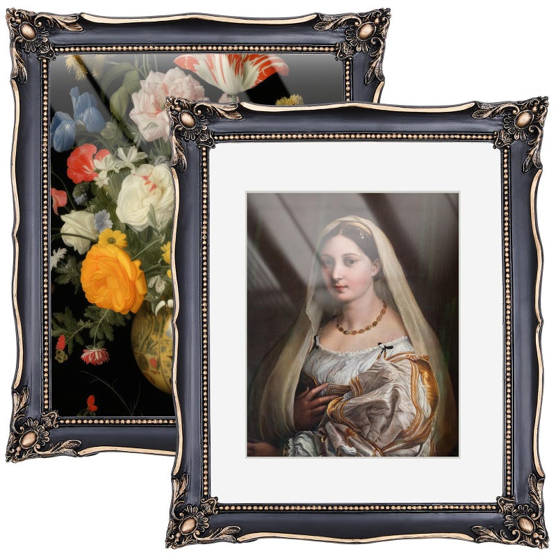 Lineshading 2 Pcs Black 11x14 Vintage Frame Vintage Ornate Picture Frames for 11x14 or 8x10 Pictures with White Mat for Home Wall Hanging Decor or Tabletop Display (Classic Style) - Image 1
