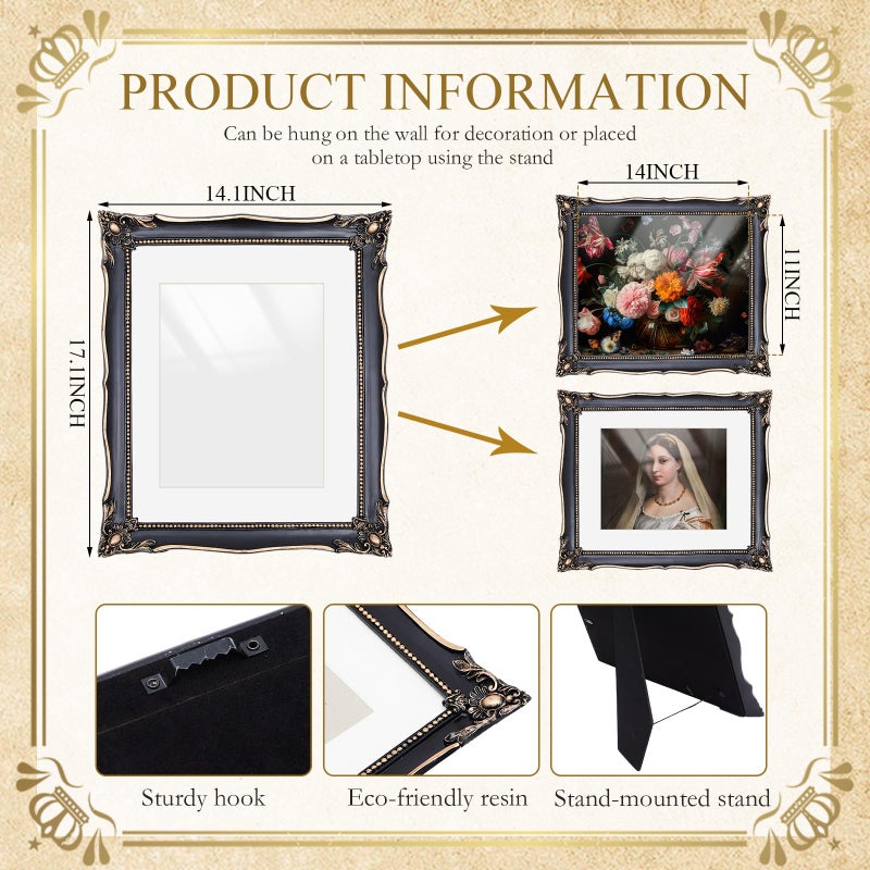 Lineshading 2 Pcs Black 11x14 Vintage Frame Vintage Ornate Picture Frames for 11x14 or 8x10 Pictures with White Mat for Home Wall Hanging Decor or Tabletop Display (Classic Style) - Image 2