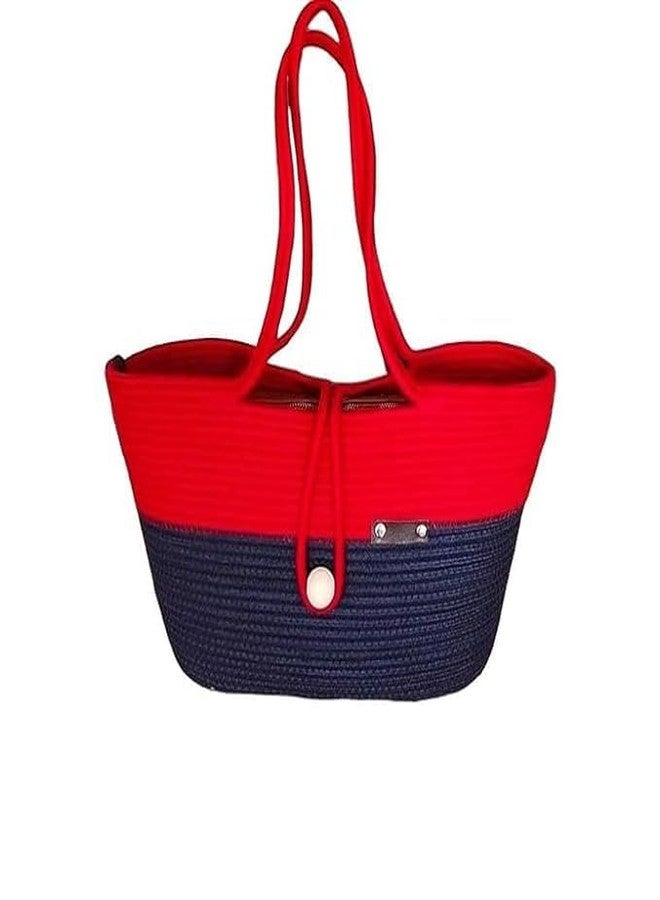 BUNAII Contrast Color Hollow Handbag, Beach Bag, Tote Bag, Summer Bag For VAcation And for daily Purpose Like purchase grocery and for marketing, PCK OF 1 BLUE And RED (35 x 25 x 35) Cm - Image 1