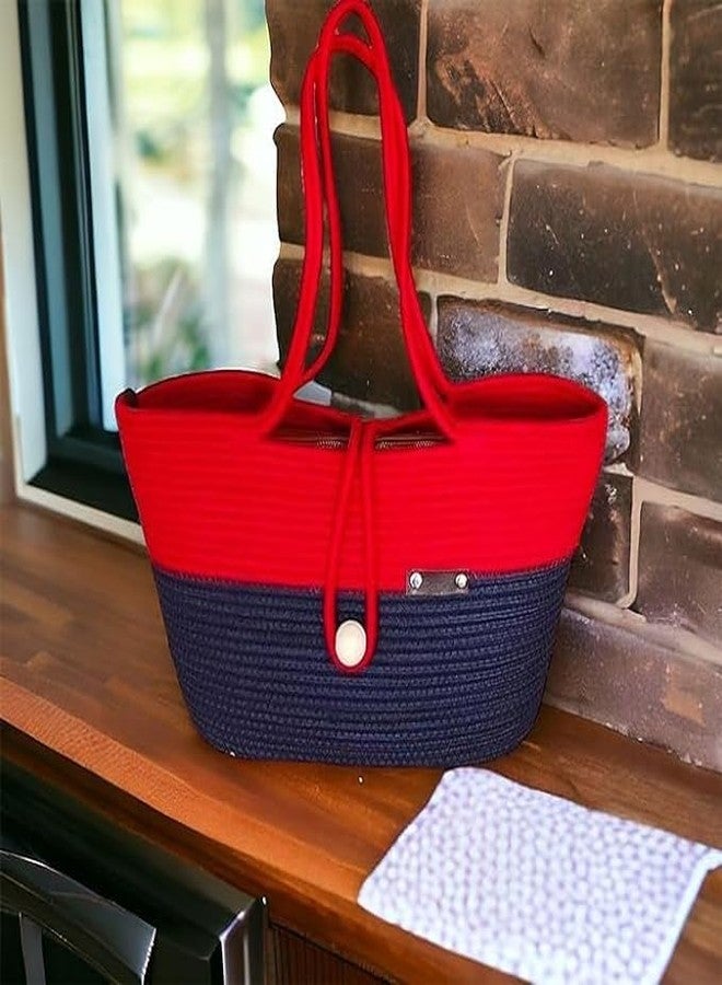 BUNAII Contrast Color Hollow Handbag, Beach Bag, Tote Bag, Summer Bag For VAcation And for daily Purpose Like purchase grocery and for marketing, PCK OF 1 BLUE And RED (35 x 25 x 35) Cm - Image 2