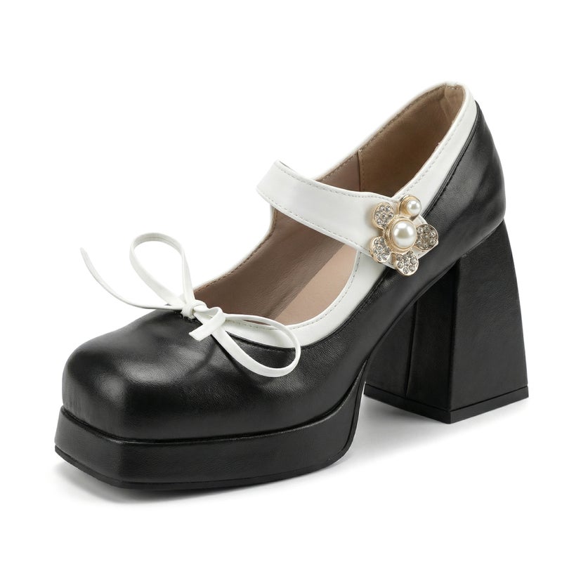 Supply 2026 Thick-Soled High-Heeled Shoes Size 40-48 Large Size Bow Tie Color-Blocking Shallow Mouth Single Shoes - Image 1