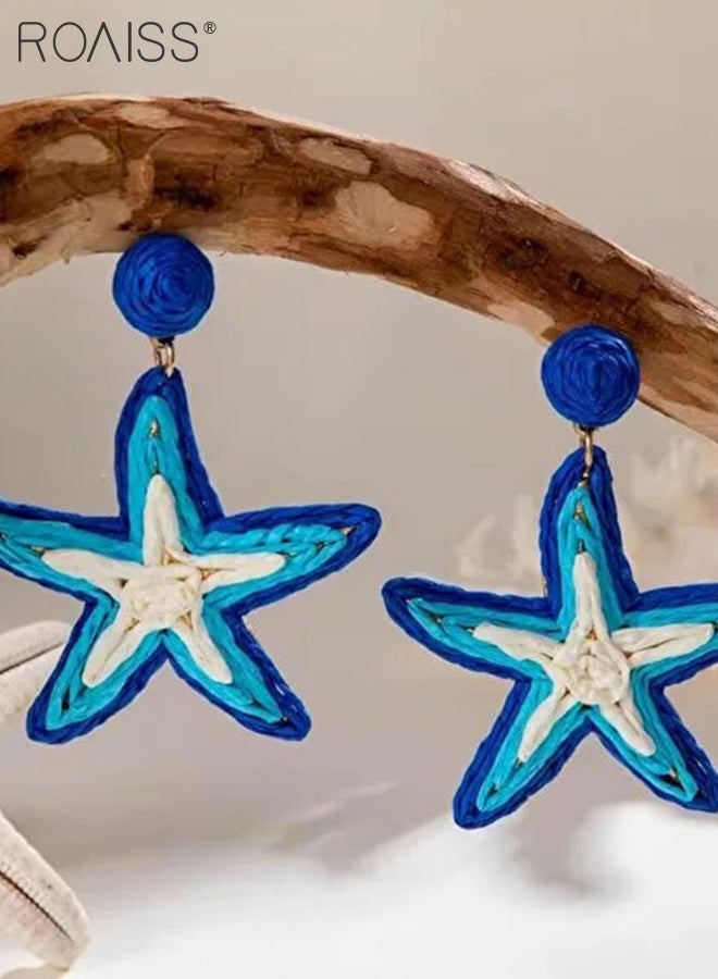 رويس 4 قطع من الأقراط البوهيمية، قطعتان من أقراط نجمة البحر الزرقاء، قطعتان من أقراط زهرة البابونج المجدولة من الرافية، أقراط متدلية هندسية محمولة، إكسسوارات نسائية عصرية للحفلات والعطلات على الشاطئ - Image 4