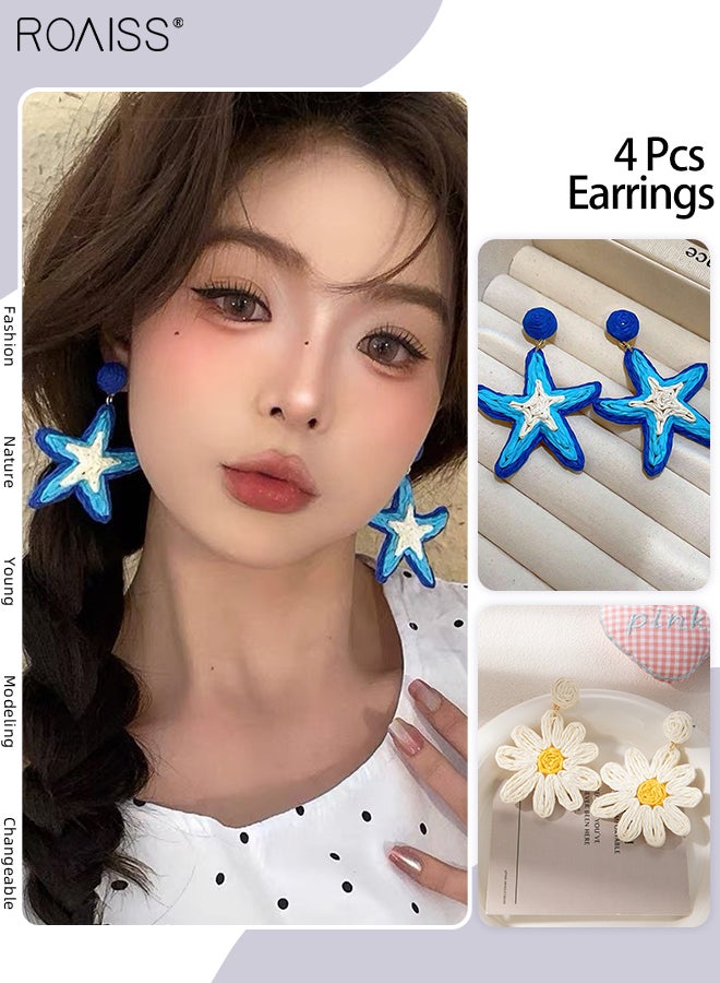 رويس 4 قطع من الأقراط البوهيمية، قطعتان من أقراط نجمة البحر الزرقاء، قطعتان من أقراط زهرة البابونج المجدولة من الرافية، أقراط متدلية هندسية محمولة، إكسسوارات نسائية عصرية للحفلات والعطلات على الشاطئ - Image 1