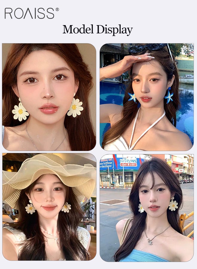 رويس 4 قطع من الأقراط البوهيمية، قطعتان من أقراط نجمة البحر الزرقاء، قطعتان من أقراط زهرة البابونج المجدولة من الرافية، أقراط متدلية هندسية محمولة، إكسسوارات نسائية عصرية للحفلات والعطلات على الشاطئ - Image 2