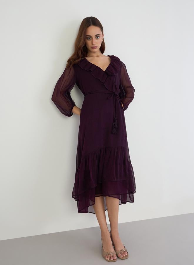 Purple Ruffle Trim Midi Dress