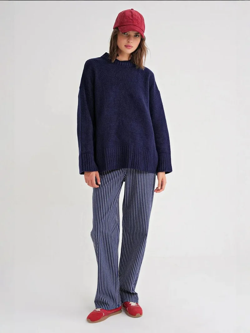 MixRay Mixray Oversized Ribbed Knit Sweater with Crew Neck