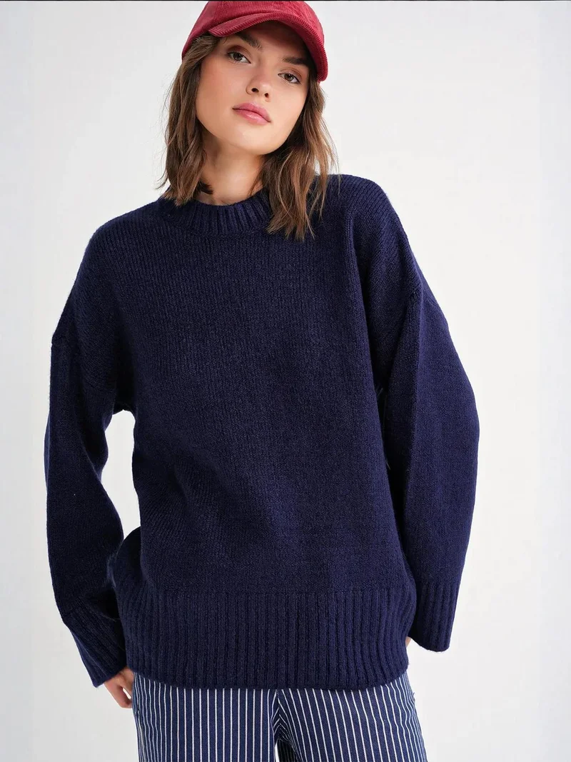 MixRay Mixray Oversized Ribbed Knit Sweater with Crew Neck