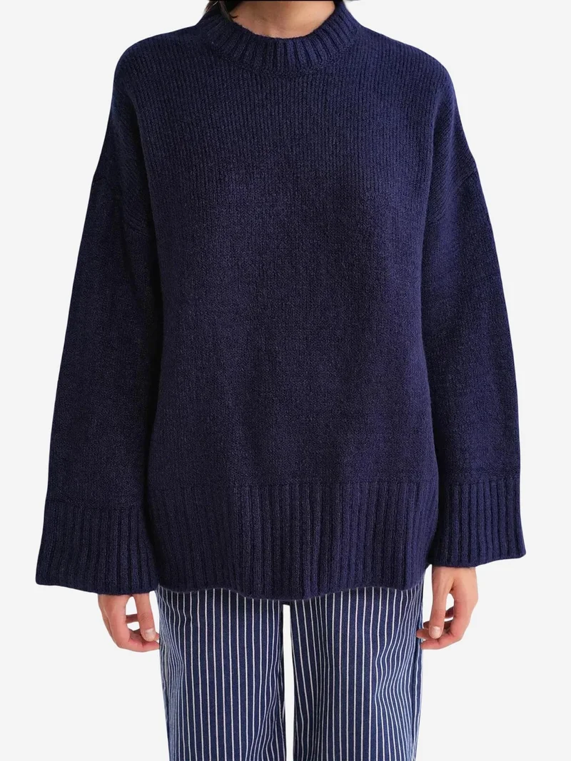 Mixray Navy Blue Mixray Oversized Ribbed Knit Sweater with Crew Neck for Women | Best Price UAE