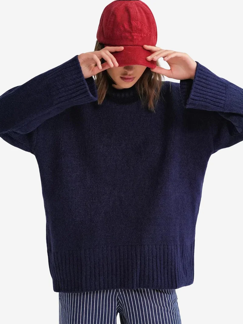 Mixray Navy Blue Mixray Oversized Ribbed Knit Sweater with Crew Neck for Women | Best Price UAE