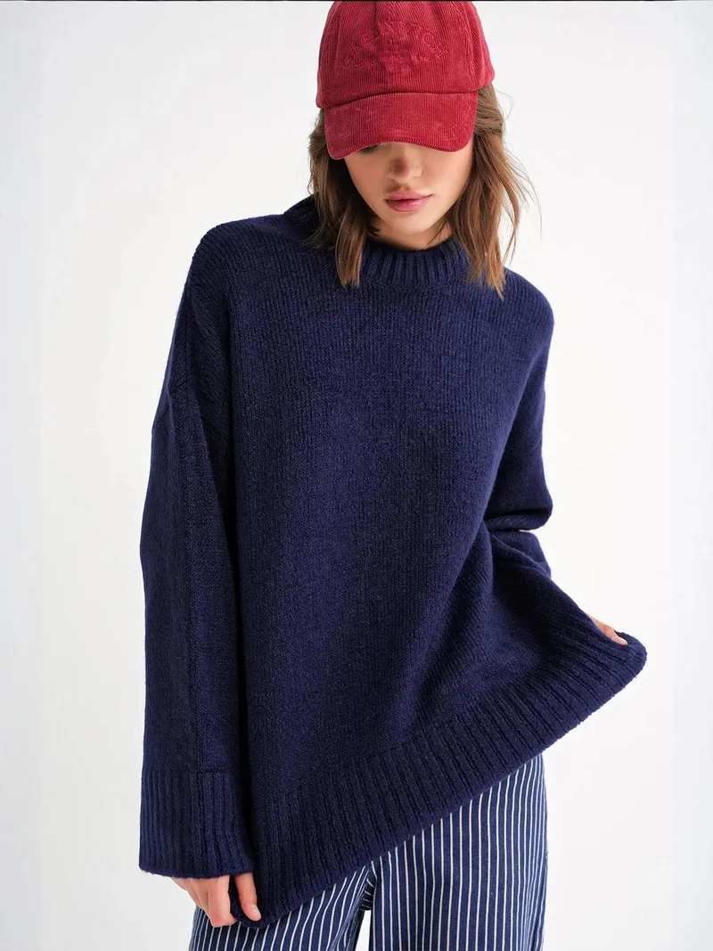 Mixray Navy Blue Mixray Oversized Ribbed Knit Sweater with Crew Neck for Women | Best Price UAE