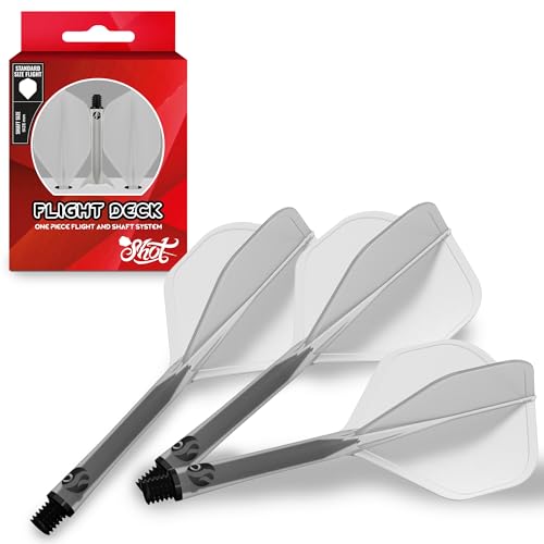 Shot! Darts Flight Deck One Piece Dart Flight and Shaft System, Reduced Deflections, Standard Shaped Flight (350 Micron), Available in Set of 3, Medium Length in White Color - Image 1