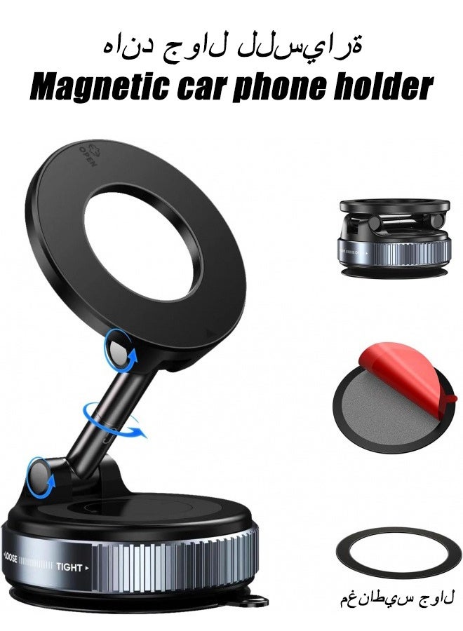 Universal Magnetic Car Phone Holder with Vacuum Suction Cup, 360° Rotatable Dashboard Windshield Mount, Hands-Free Stand for All Smartphones (4.7-7 inch) - (Black) - Image 1
