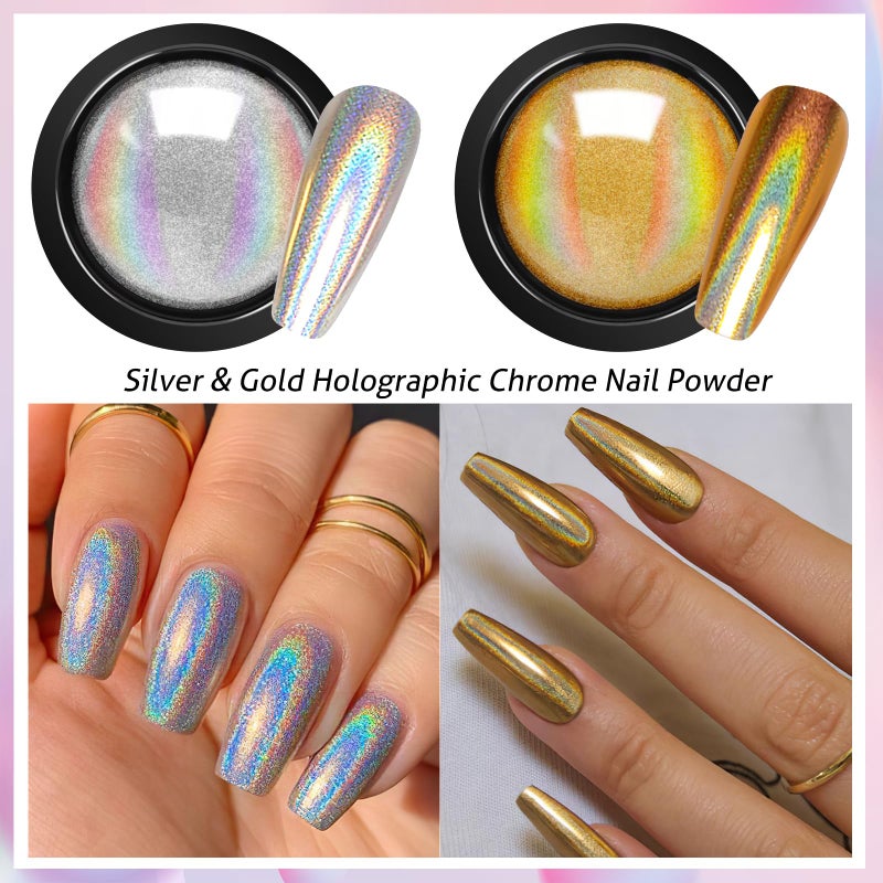 DRMODE Gold Silver Chrome Nail Powder, 12 Colors Iridescent Holographic Unicorn Chrome Powder for Nails, Metallic Mirror Effect Rose Gold Champagne Nail Powder Pigment Glitter Foils Flakes Nail Art - Image 3