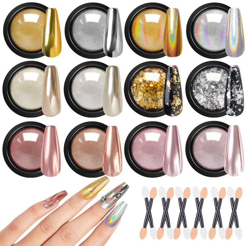 DRMODE Gold Silver Chrome Nail Powder, 12 Colors Iridescent Holographic Unicorn Chrome Powder for Nails, Metallic Mirror Effect Rose Gold Champagne Nail Powder Pigment Glitter Foils Flakes Nail Art - Image 1