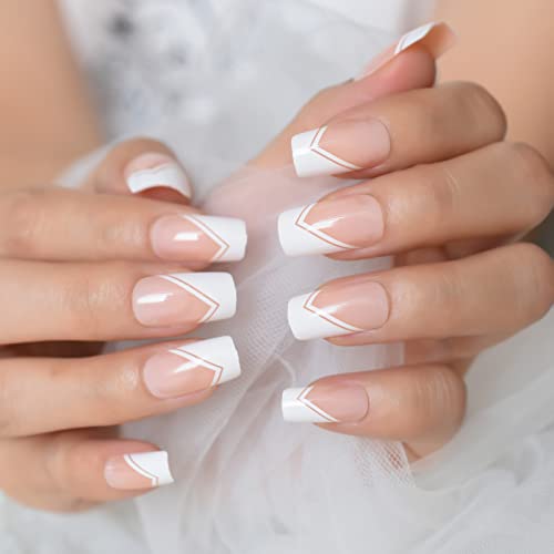 EchiQ Nude White Press On Nails Medium Square French Glossy Gel Nails Full Cover False Nail Art Tips Salon Manicure Set - Image 2