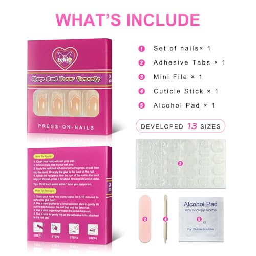 EchiQ Nude White Press On Nails Medium Square French Glossy Gel Nails Full Cover False Nail Art Tips Salon Manicure Set - Image 5
