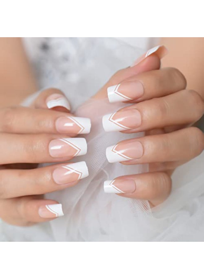 EchiQ Nude White Press On Nails Medium Square French Glossy Gel Nails Full Cover False Nail Art Tips Salon Manicure Set - Image 1