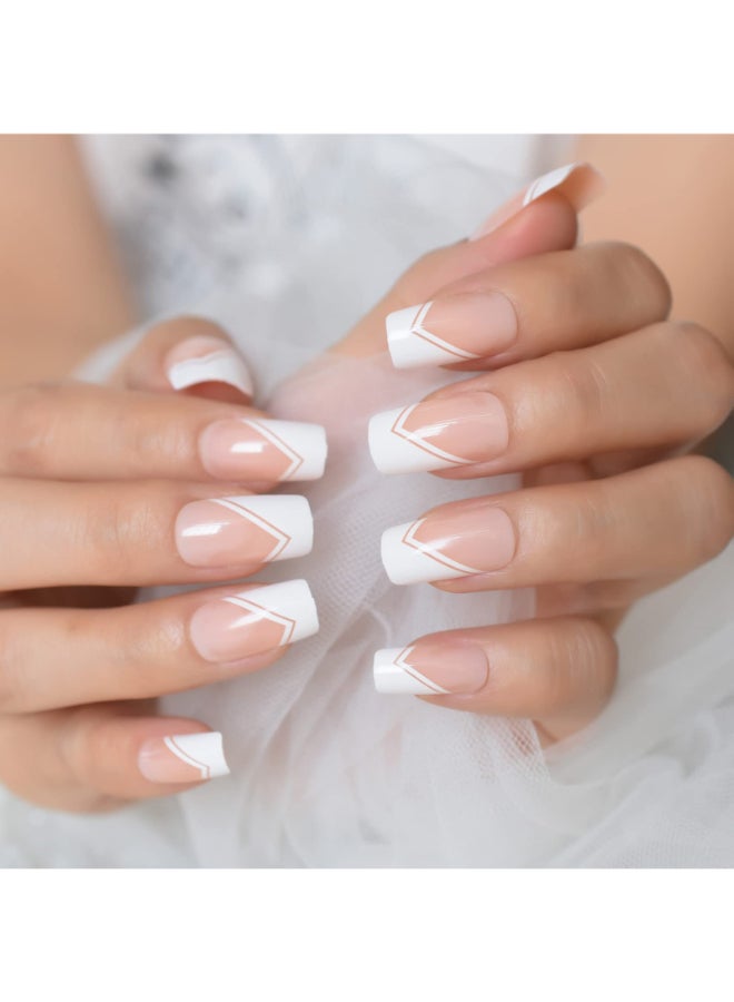 EchiQ Nude White Press On Nails Medium Square French Glossy Gel Nails Full Cover False Nail Art Tips Salon Manicure Set - Image 3