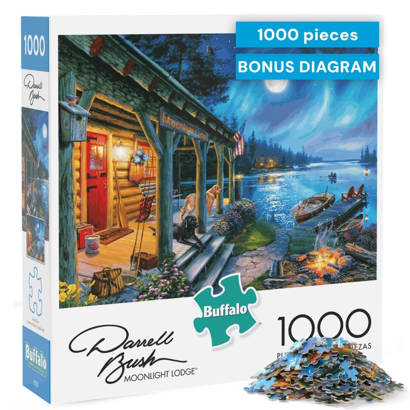 Buffalo Games Darrell Bush - Moonlight Lodge - 1000 Piece Jigsaw Puzzle - Multicolor, Rectangular - Includes Poster - 1000 Piece Puzzle for Adults - Scenic Landscape - Image 1