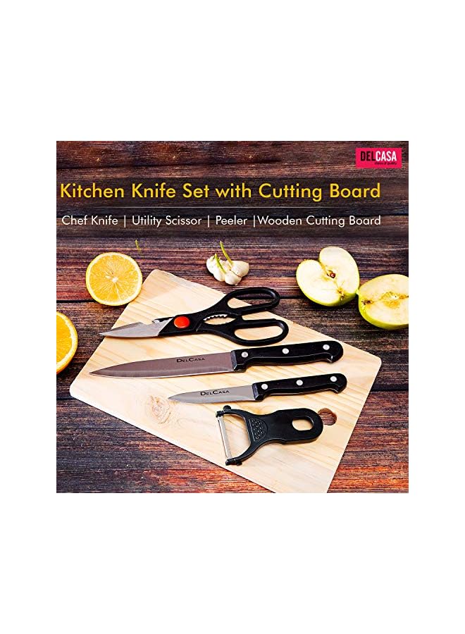 DELCASA Dc1013 5 Pcs Kitchen Knife Set With Cutting Board Complete Set With Paring Knife, Chef Knife, Peeler, Utility Knife & Cutting Board Stainless-Steel Sharp Blades Best Kitchen Gift, Multi-Colour  - Image 4