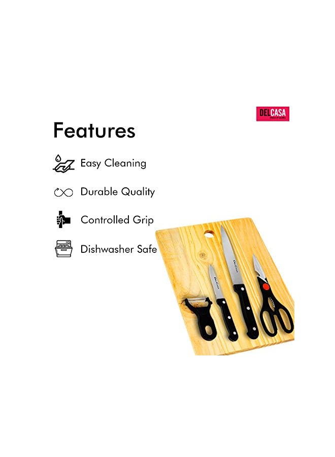 DELCASA Dc1013 5 Pcs Kitchen Knife Set With Cutting Board Complete Set With Paring Knife, Chef Knife, Peeler, Utility Knife & Cutting Board Stainless-Steel Sharp Blades Best Kitchen Gift, Multi-Colour  - Image 3