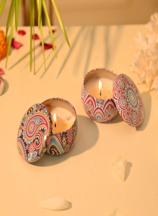 كرافت فاتيكا مجموعة شموع معطرة من كرافت فاتيكا (قطعتان) - علبة شموع معطرة هدية للنساء والرجال، مجموعة شموع للعلاج بالروائح، علبة معدنية مطبوعة صديقة للبيئة - شموع لتزيين المنزل، زينة ديوالي للمنزل - Image 1