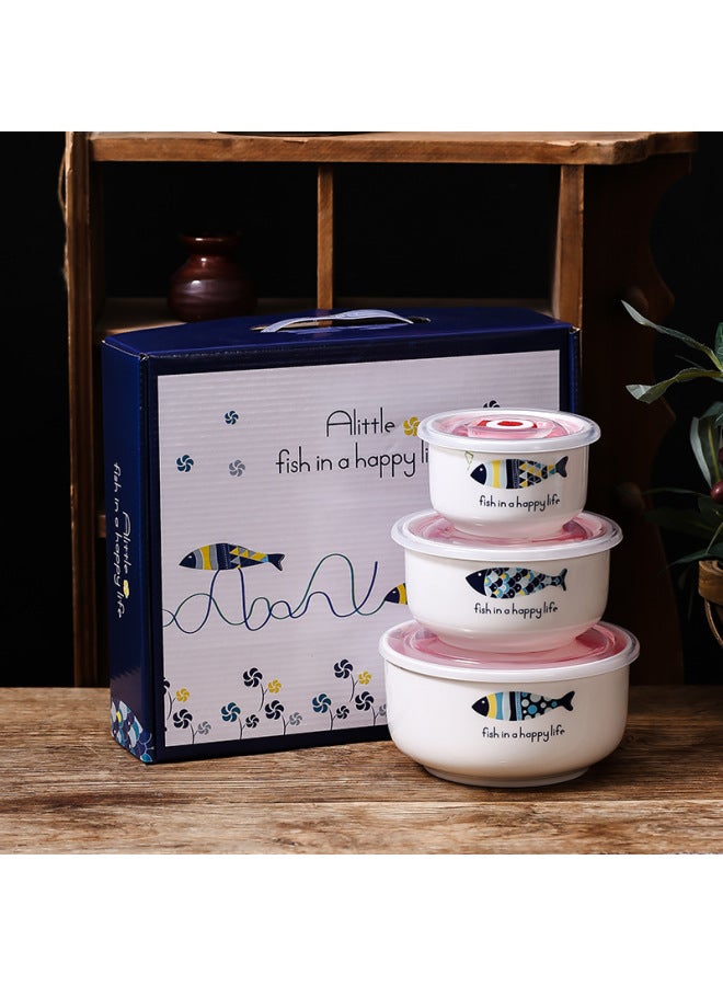Ceramic Fresh-keeping Bowl Three-piece Sealed Bowl Gift Bowl Set Gift Box Wedding Will Sell Wholesale Printed LOGO-Specifications:Nordic Fish-Color:Fresh Bowl Medium Single Color Box/60 Sets Of A Box - Image 1